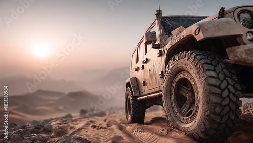 Fototapeta Naklejka Na Ścianę i Meble -  Rugged off-road vehicle conquering vast desert dunes at breathtaking sunrise, embodying adventure and exploration spirit