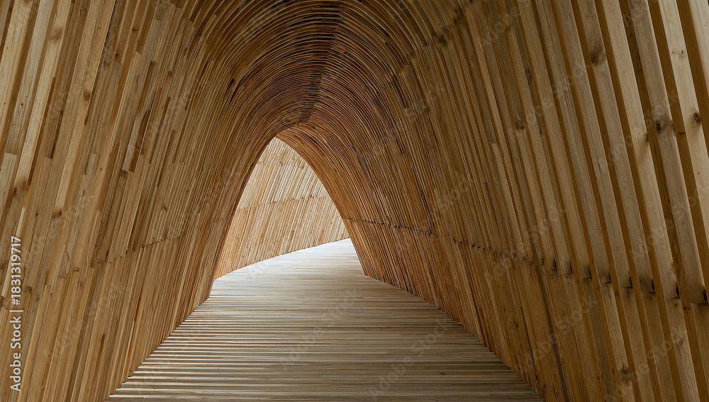 Obraz premium Architectural wooden tunnel with natural aesthetic depth