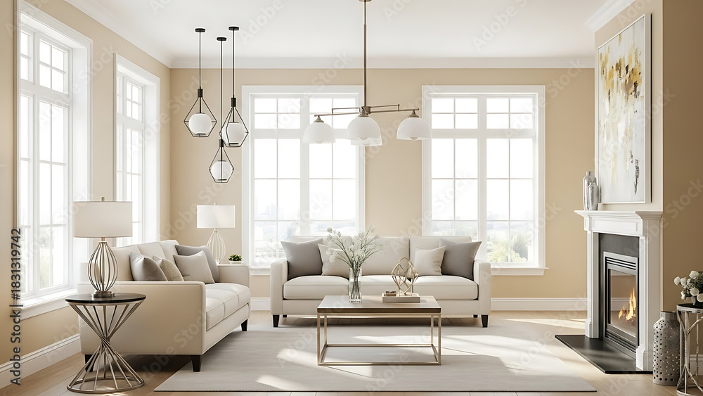 Fototapeta premium Elegant Beige and Cream Living Room with Fireplace and Large Windows