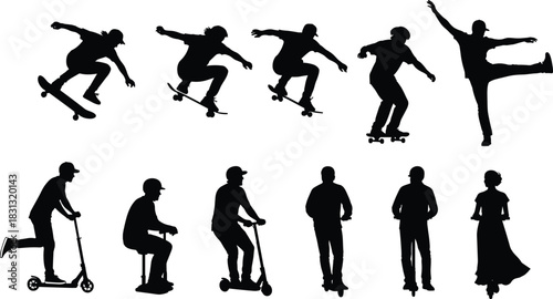 Active People Silhouette Collection Performing Skateboard Tricks, Scooter Riding, and Movement for Extreme Sports, Urban Activity, Youth Culture, or Action Vector Illustration