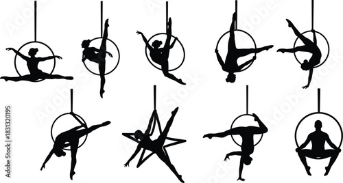 Aerial hoop performer silhouette poses vector illustration set with acrobatic dance movements, circus artistry shapes, flexibility training elements, elegant aerial fitness design