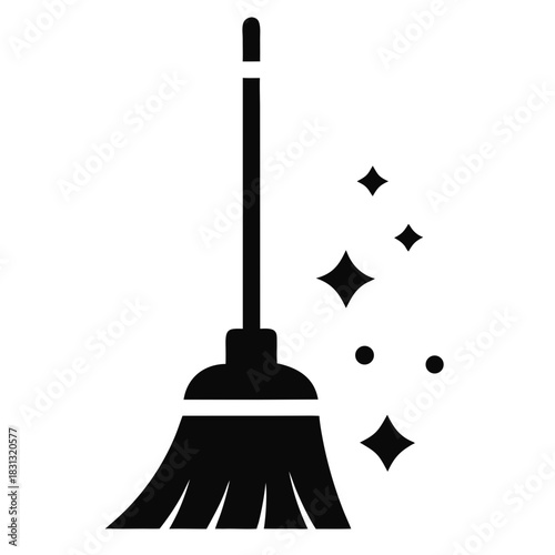 Cute Broom Vector Illustration with Dark Bristles and Sparkling Clean Effect
