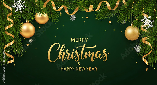 Green background with golden Christmas ornaments and fir branches year greeting