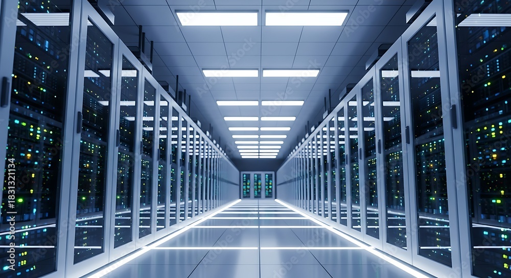 Fototapeta premium A futuristic server room with rows of data storage racks, showcasing advanced technology and infrastructure for data management and processing