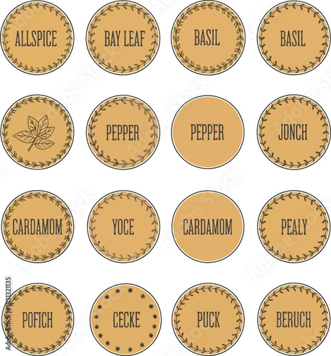 Set of 16 vintage herb and spice labels for kitchen pantry organization decorative packaging design vector