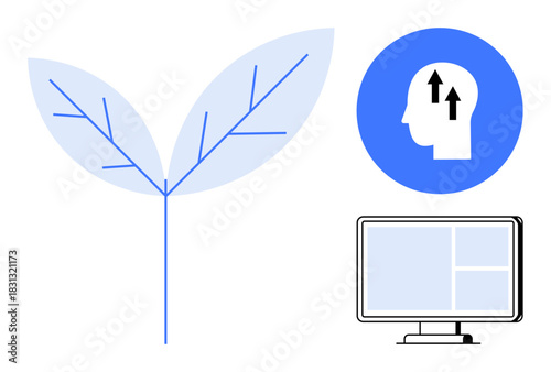 Growth concept. Growth ed by a plant symbol, human development illustrated through a head icon, and digital progress signified by a computer screen. For sustainability, innovation, education