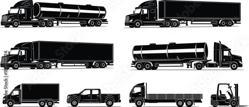 Detailed silhouette vector illustration of various commercial trucks, tankers, trailers, pickup trucks, delivery vans, and industrial forklift vehicles for 