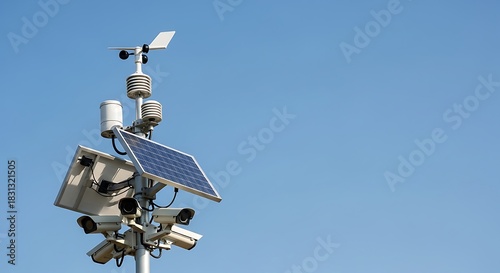 Weather station with solar panel and multiple sensors for monitoring environmental conditions, showcasing renewable energy and technological advancements