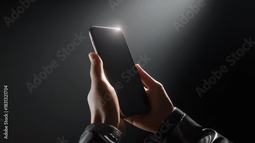 Close-up of hands holding a black smartphone under a bright spotlight, highlighting the future of communication and digital innovation