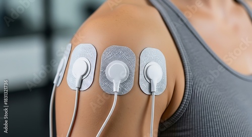 Closeup of a womans arm with electrodes attached for electrical muscle stimulation therapy, showcasing rehabilitation and recovery process