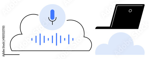 Microphone symbol with audio waveforms inside a cloud, laptop nearby. Ideal for cloud computing, voice control, AI, machine learning, remote work, communication, simple flat metaphor