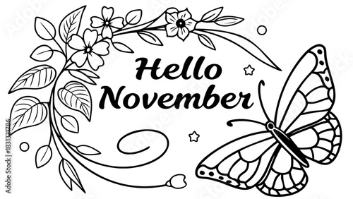 Vector illustration of words ‘Hello November’ surrounded by autumn flowers, a butterfly, and falling leaves, creating a warm seasonal November design