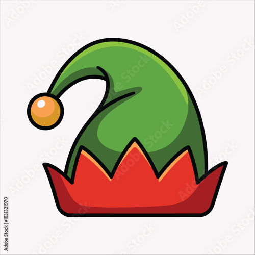 This cartoonish elf hat displays a green top with a red brim isolated