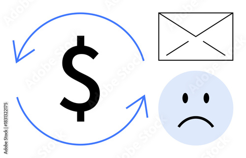 Financial transaction issues. Circular arrows with dollar symbol, an email icon, and a sad face highlight financial transaction issues. Useful for finance, payments, ecommerce, troubleshooting