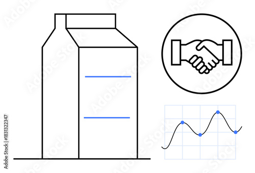 Business concept. Business partnerships highlighted by a handshake graphic alongside a growth chart and product packaging. Business development, cooperation, and market expansion. For startups