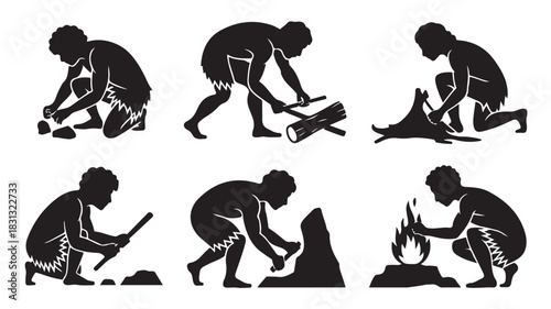Silhouetted caveman icons showing prehistoric life skills vector illustration of ancient man making fire and hunting isolated on white background