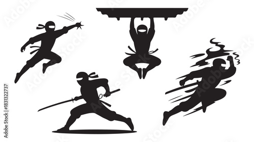 Set of ninja silhouettes in various action poses vector illustration of martial arts warriors isolated on white background