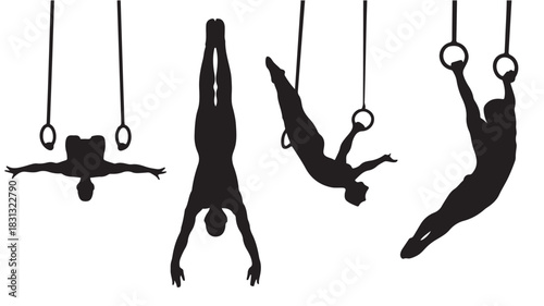 Gymnast silhouettes performing on gymnastic rings vector illustration of athletic poses for sports and fitness designs isolated on white
