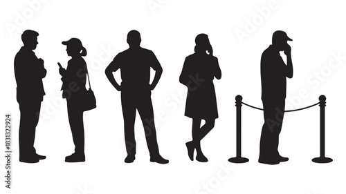 Silhouette of people standing in line flat vector illustration of diverse men and women waiting isolated on white background