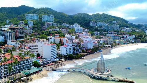 Aerial Drone View of Playa de los Muertos Beach and Pier Puerto Vallarta Mexico #2