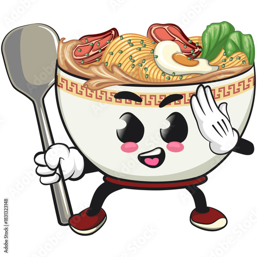cute ramen noodle bowl mascot bring a large spatula for frying, kawaii asian food cartoon vector illustration, work of hand drawn