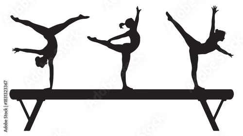 Gymnastics silhouettes on balance beam vector illustration of gymnasts performing isolated on white background