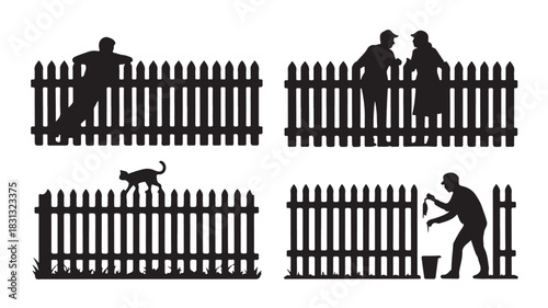 Silhouettes of people interacting with a picket fence vector illustration of neighbors talking painting climbing and a cat walking on a fence
