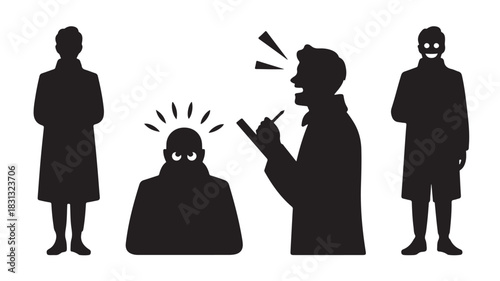 Silhouette vector illustration of a man being interrogated a suspect under pressure and a detective taking notes isolated on white