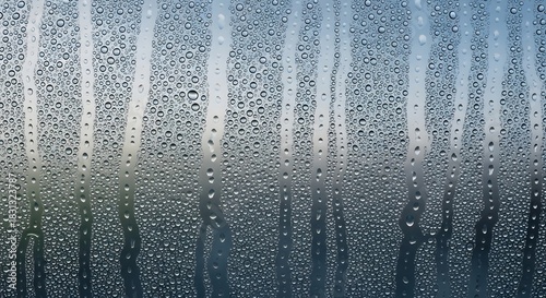 Condensation on Glass: Close-up of water droplets and streaks on glass create a calming yet dynamic display, mirroring the soft colors of the outside world, creating a serene ambiance.