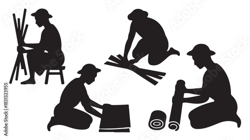 Silhouetted figures demonstrating mat weaving process traditional craft illustration isolated on white background