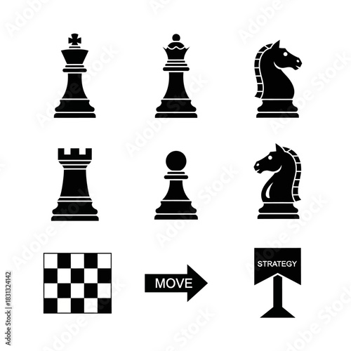 Chess strategy icons featuring multiple pieces, game boards, movement arrows, and position markers