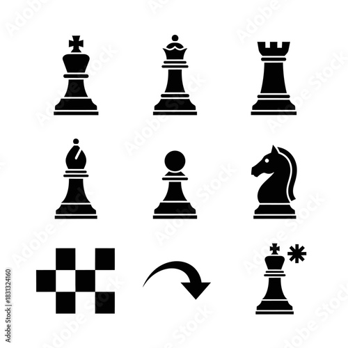 Chess icon set featuring kings, queens, rooks, bishops, knights, pawns, game boards, and movement indicators