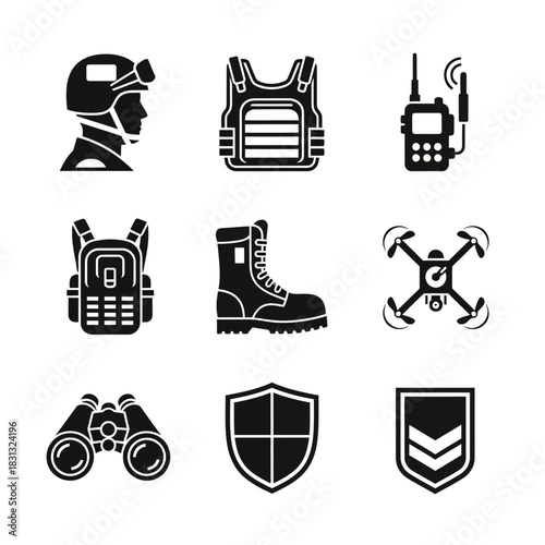 Tactical soldier equipment icons showing helmets, vests, radios, backpacks, boots, drones, shields, and badges in monochrome style