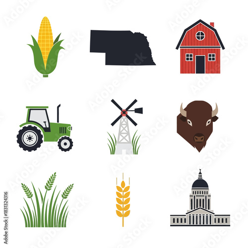 Color agriculture icons featuring corn, barn, tractor, state map, bison head, and wheat stalks