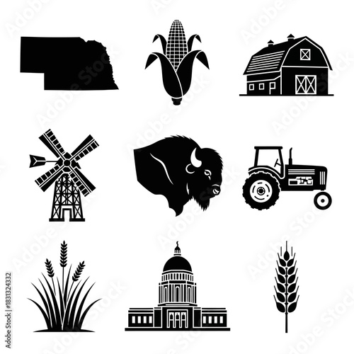 Farm and crop vector icons including state outline, corn, barn, bison, windmill, tractor, wheat, and government building