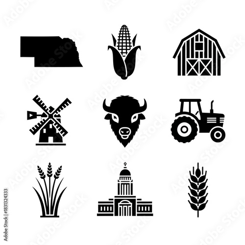 Agriculture and farmland icons featuring state shape, corn, wheat, barn, windmill, bison, and tractor