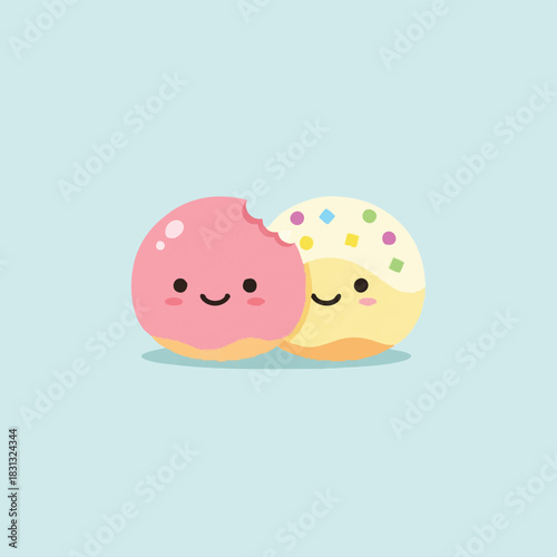A cute illustration features two adorable, smiling donuts, one pink with a bite taken and the other yellow with colorful sprinkles, on a light blue background.