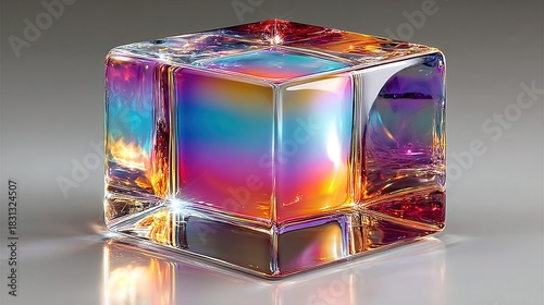 Colorful cube-shaped glass object with rainbow hues on a reflective surface.