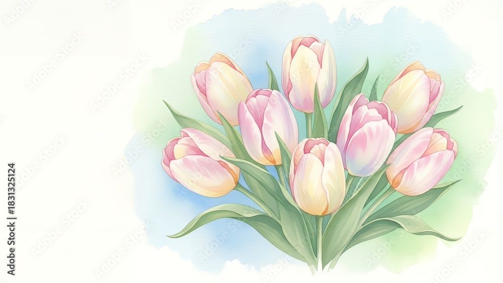 Obraz premium Beautiful watercolor bouquet of pink and white tulips with green leaves, soft floral illustration.