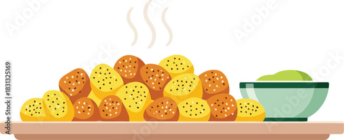 Delicious steaming meatballs and rice bowl appetizing food illustration for culinary projects vector