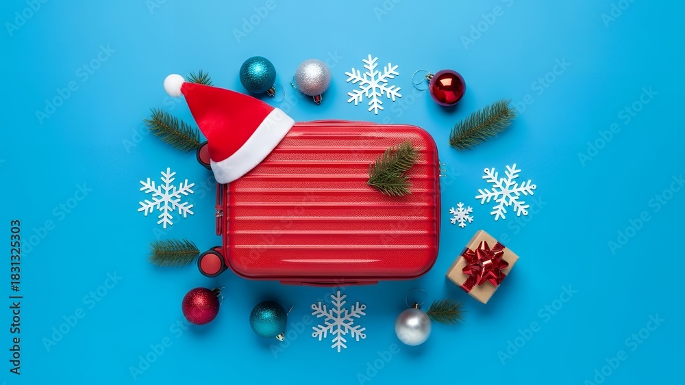 Obraz premium Textured red suitcase with Santa hat, gift, and Christmas ornaments on a light blue background with snowflakes.
