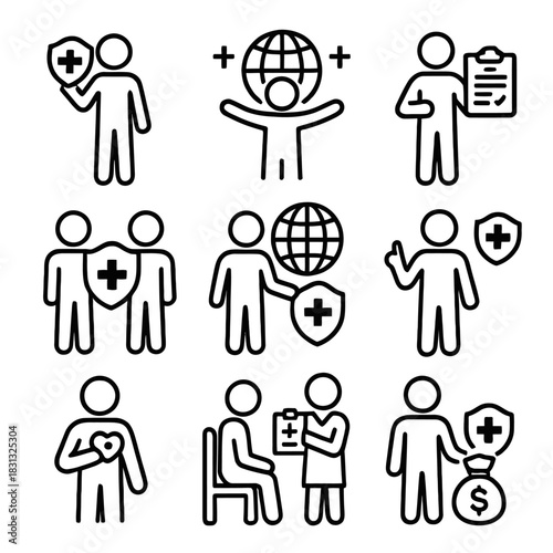 A comprehensive collection of outline (line art) icons centered around the theme of Universal Health Coverage (UHC) and healthcare access.