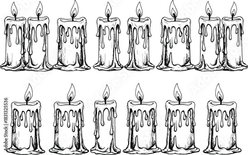 Hand Drawn Melting Wax Candles Vector Illustration Set with Dripping Effects and Lit Flames for Holiday, Halloween, Magic, Gothic, or Spiritual Design Content