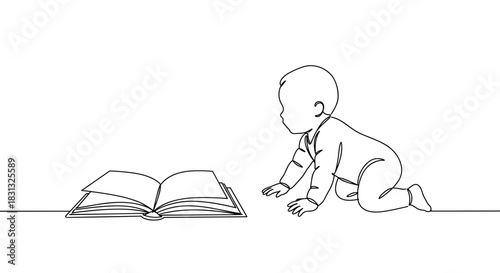 A curious baby crawling towards an open book on the floor, exploring the world of reading and learning in a cozy indoor setting with soft lighting, isolated on a transparent background