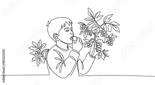 A young boy joyfully smelling flowers while surrounded by vibrant greenery, showcasing nature's beauty and innocence, isolated on a transparent background