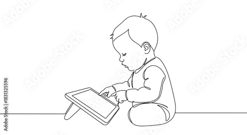 A young child engaged in playful learning while using a digital tablet seated on the floor indoors, showcasing concentration and curiosity in a cozy environment, isolated on a transparent background.
