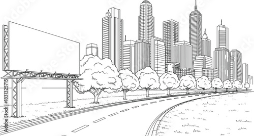 Hand Drawn Urban Cityscape Vector Illustration with Modern Skyscrapers, Road Leading to Downtown, Blank Billboard, and Tree Lined Park for Business or Travel Design