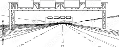Highway Overpass Line Art Illustration with Perspective View and Blank Billboard Signs for Travel, Transportation, Infrastructure, Technology, or Road Safety Vector Content