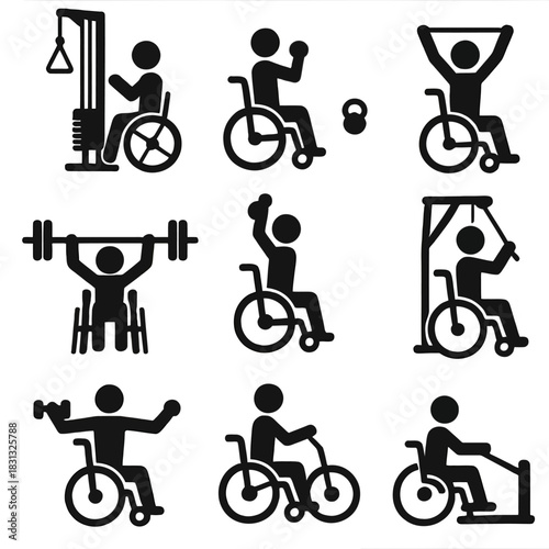 A comprehensive collection of black silhouette icons depicting people with disabilities engaging in various exercises and physical training.