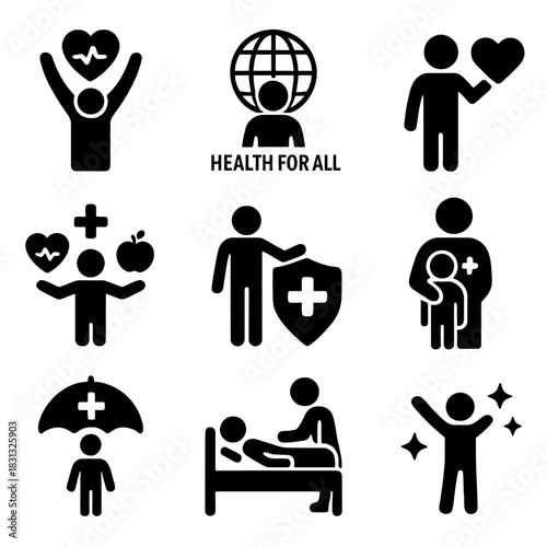 A comprehensive collection of outline (line art) icons centered around the theme of Universal Health Coverage (UHC) and healthcare access.